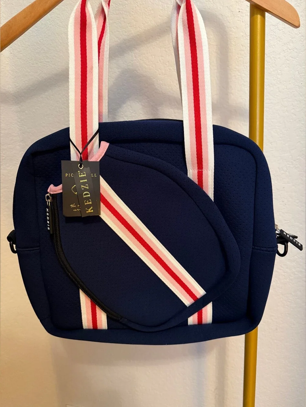 NWT Kedzie Pickleball Raquet Water Bottle Crossbody Tote, Bag. Navy Blue & Red!